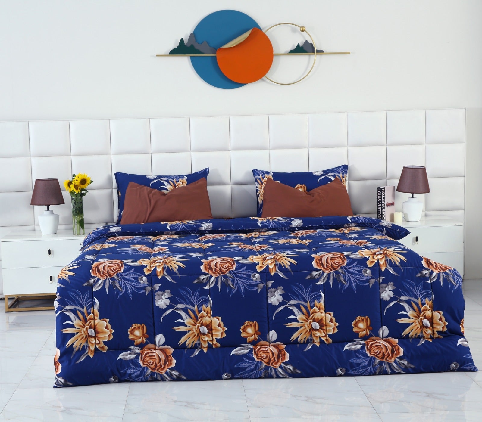 6 PCs Summer Comforter Set-Ethnic Flowers Bed Spread Apricot