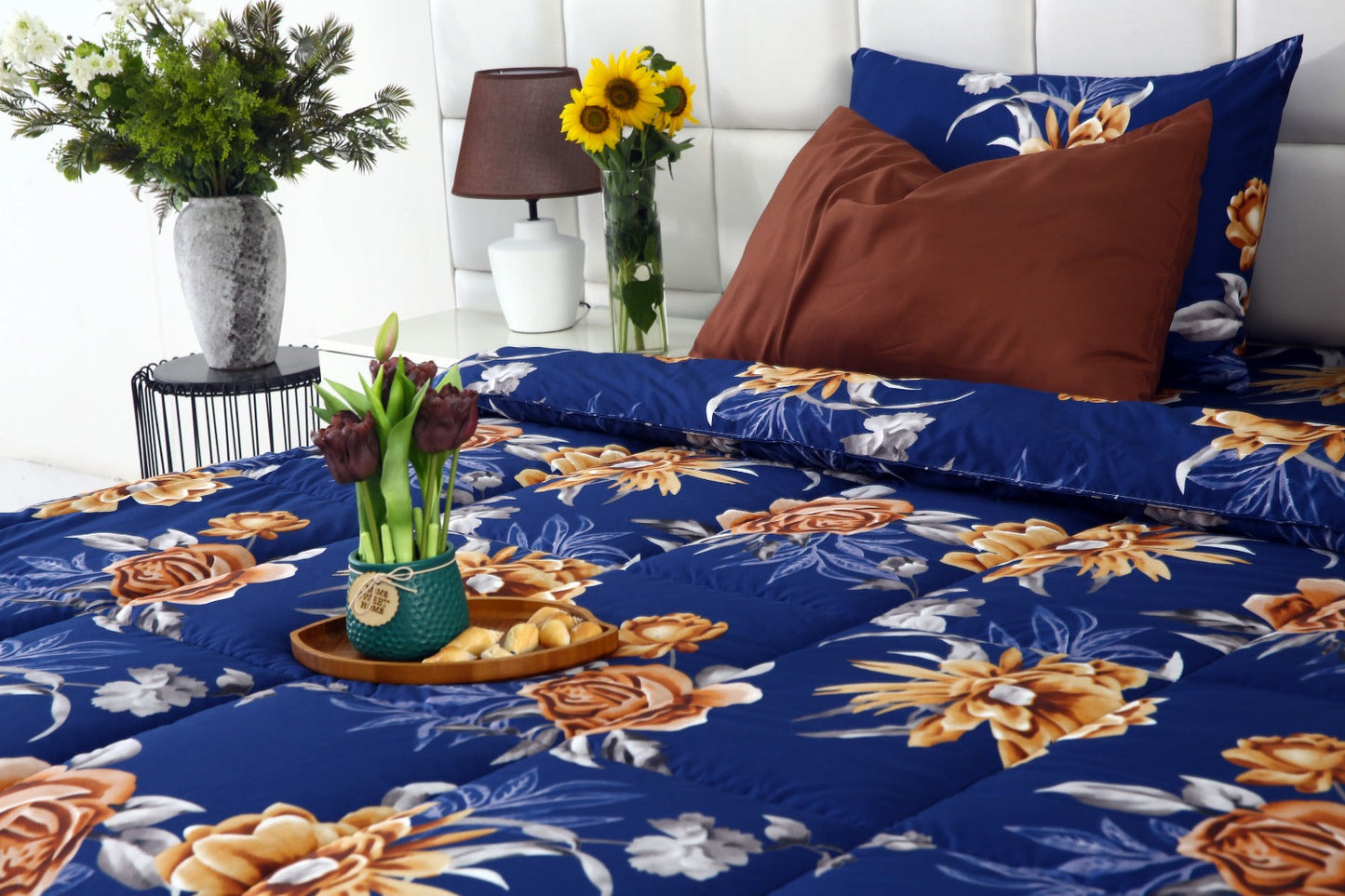6 PCs Summer Comforter Set-Ethnic Flowers Bed Spread Apricot