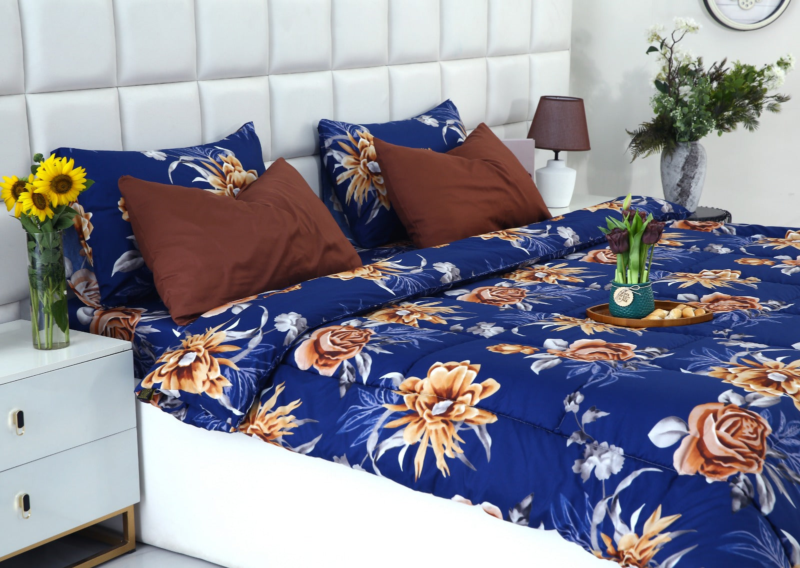 6 PCs Summer Comforter Set-Ethnic Flowers Bed Spread Apricot