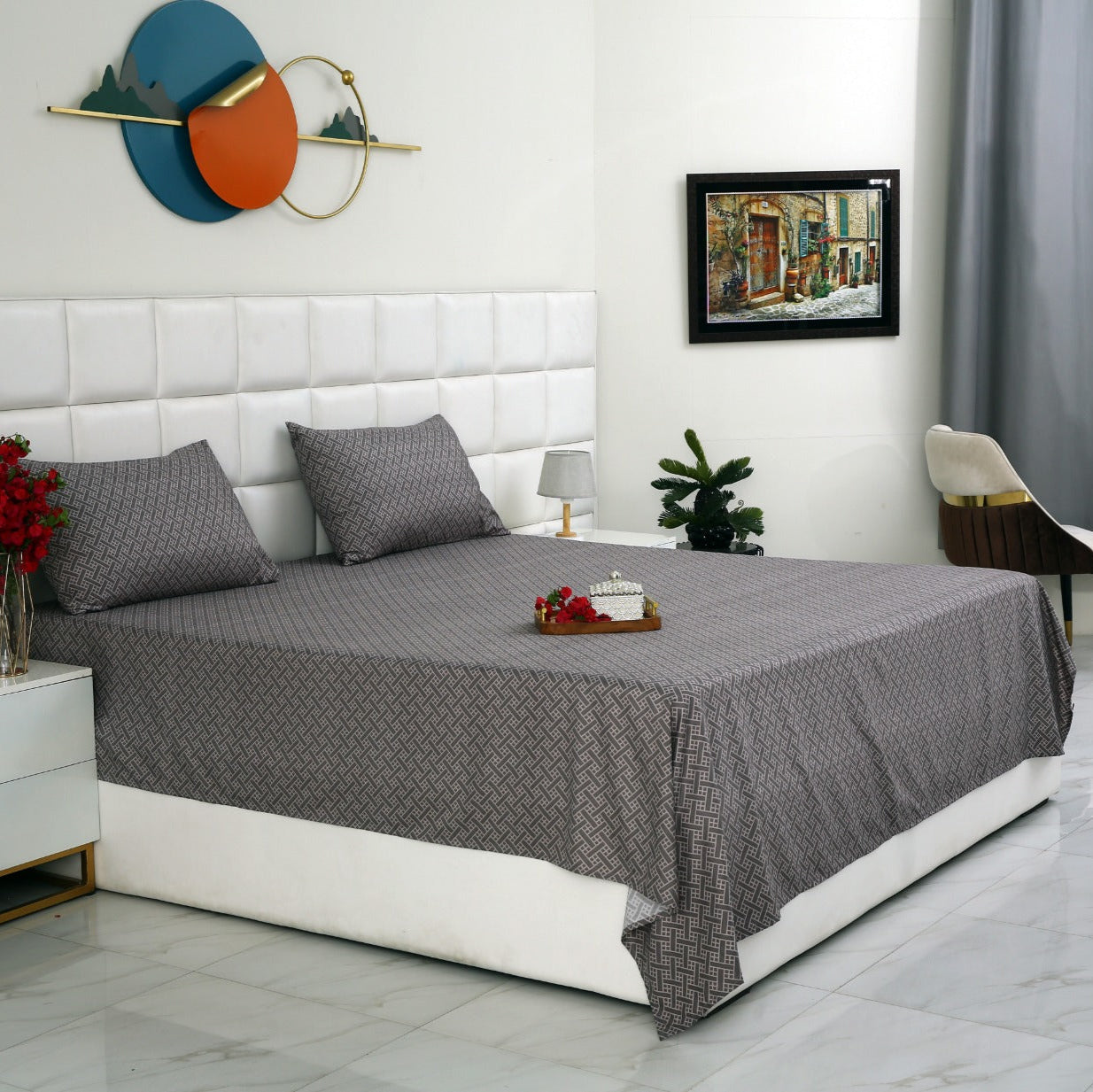3 PCs Double Bed Sheet-Light Plaid Bed Sheets Apricot