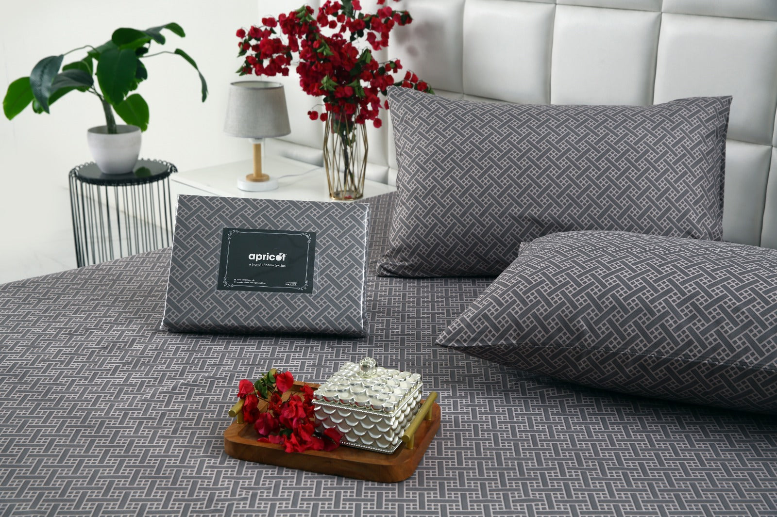 3 PCs Double Bed Sheet-Light Plaid Bed Sheets Apricot