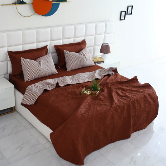 6 PCs Dyed Bed Spread Set-Brown(With Reverse Brown stripes) Bed Spread Apricot