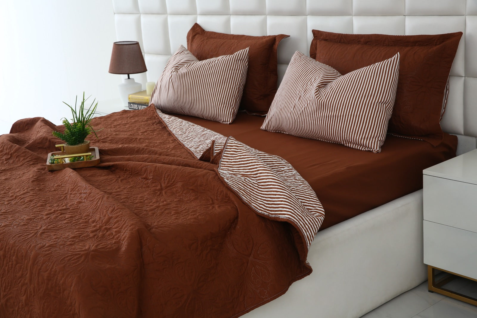 6 PCs Dyed Bed Spread Set-Brown(With Reverse Brown stripes) Bed Spread Apricot