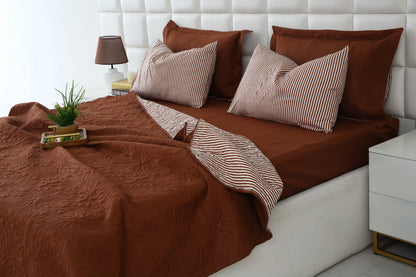 6 PCs Dyed Bed Spread Set-Brown(With Reverse Brown stripes) Bed Spread Apricot