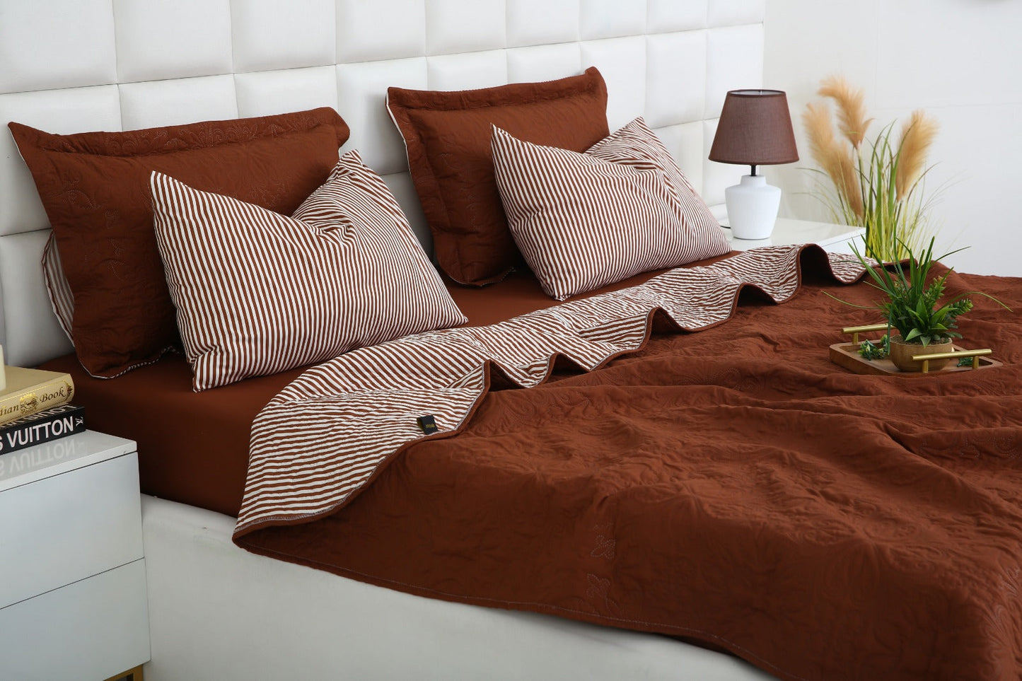6 PCs Dyed Bed Spread Set-Brown(With Reverse Brown stripes) Bed Spread Apricot