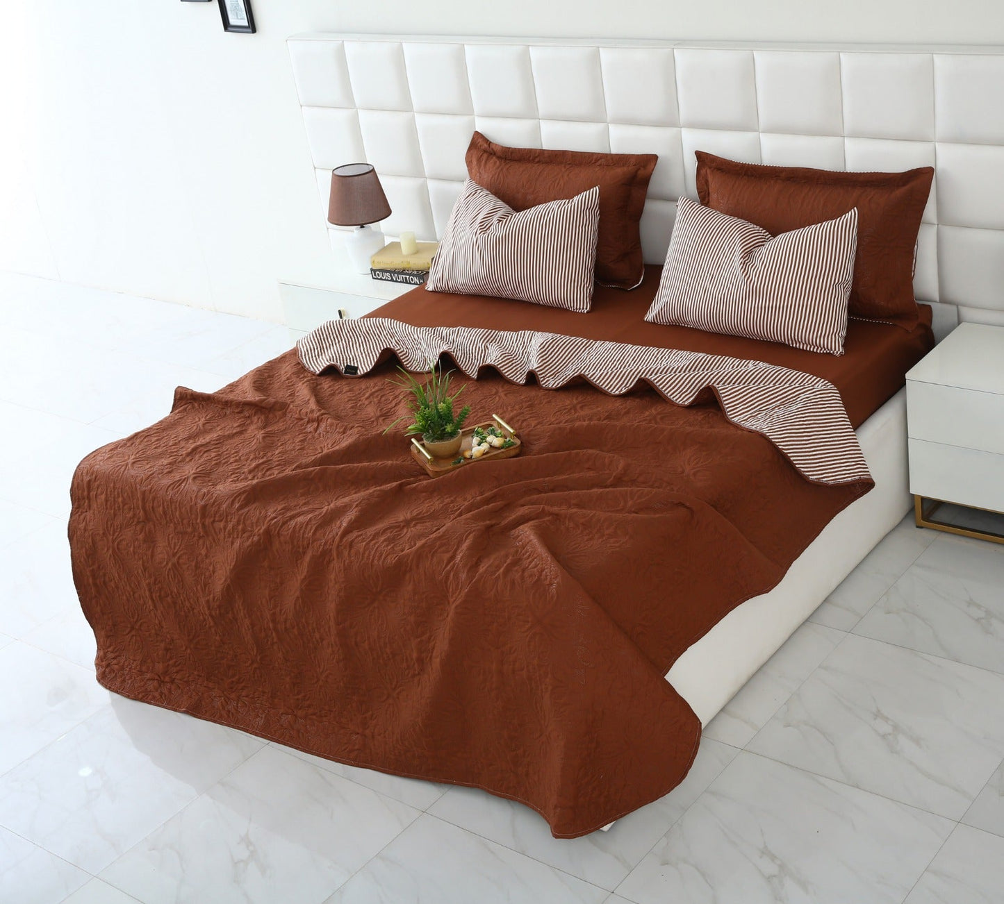 6 PCs Dyed Bed Spread Set-Brown(With Reverse Brown stripes) Bed Spread Apricot