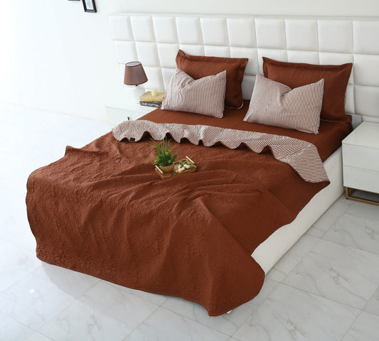6 PCs Dyed Bed Spread Set-Brown(With Reverse Brown stripes) Bed Spread Apricot