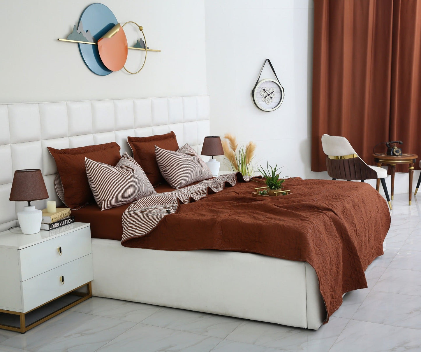 6 PCs Dyed Bed Spread Set-Brown(With Reverse Brown stripes) Bed Spread Apricot