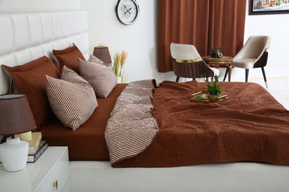 6 PCs Dyed Bed Spread Set-Brown(With Reverse Brown stripes) Bed Spread Apricot