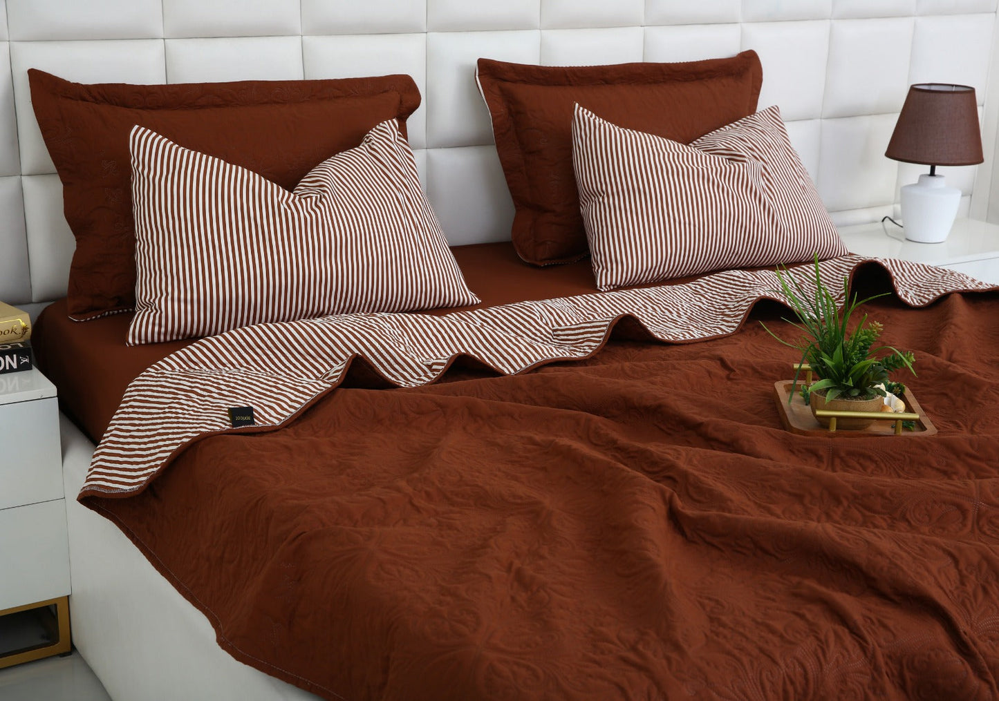 6 PCs Dyed Bed Spread Set-Brown(With Reverse Brown stripes) Bed Spread Apricot