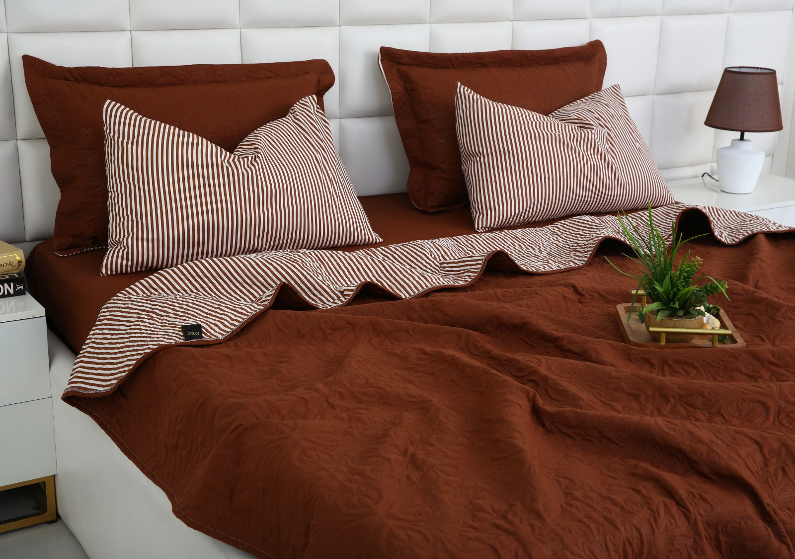 6 PCs Dyed Bed Spread Set-Brown(With Reverse Brown stripes) Bed Spread Apricot