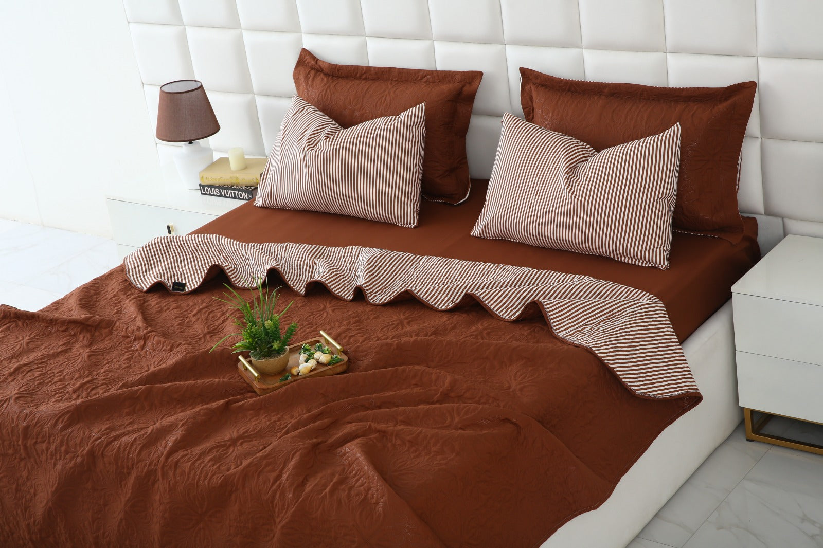 6 PCs Dyed Bed Spread Set-Brown(With Reverse Brown stripes) Bed Spread Apricot