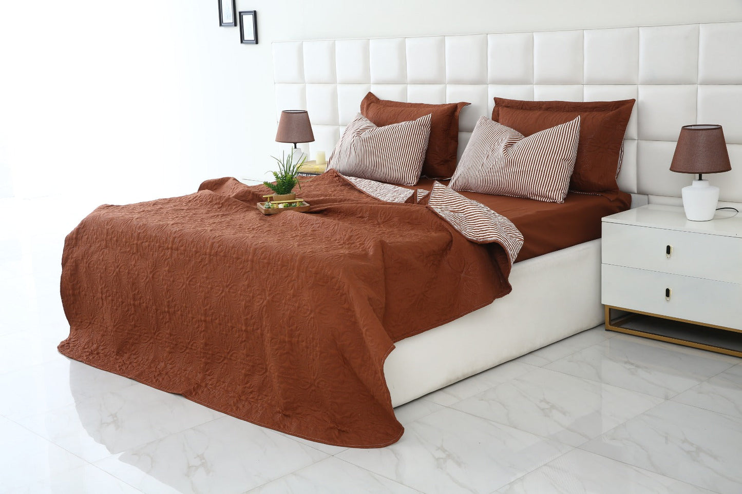6 PCs Dyed Bed Spread Set-Brown(With Reverse Brown stripes) Bed Spread Apricot