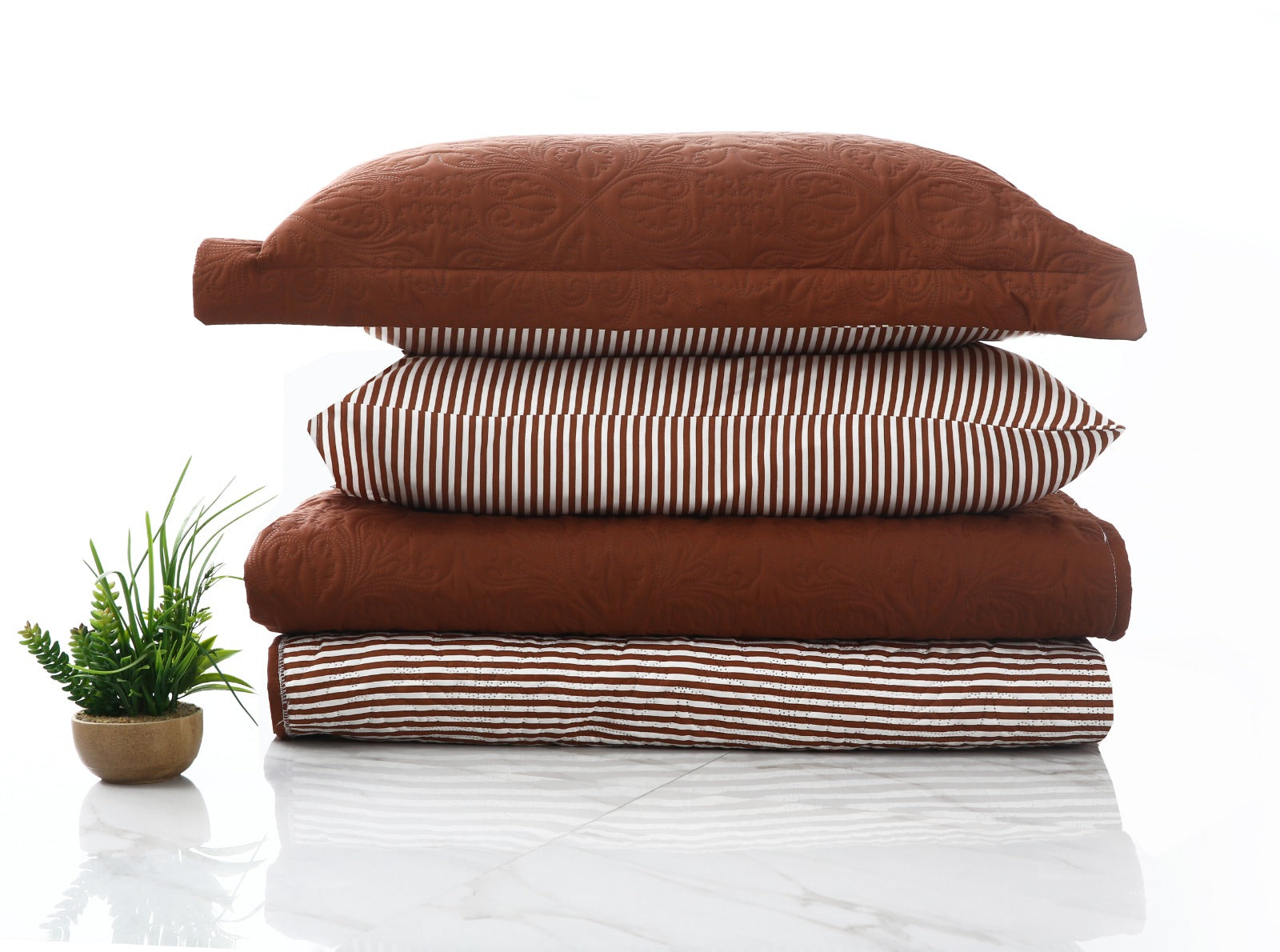 6 PCs Dyed Bed Spread Set-Brown(With Reverse Brown stripes) Bed Spread Apricot