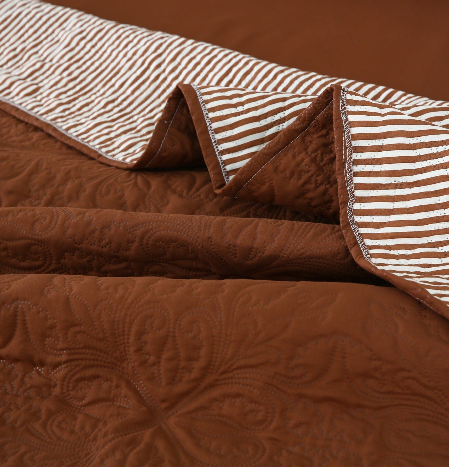 6 PCs Dyed Bed Spread Set-Brown(With Reverse Brown stripes) Bed Spread Apricot