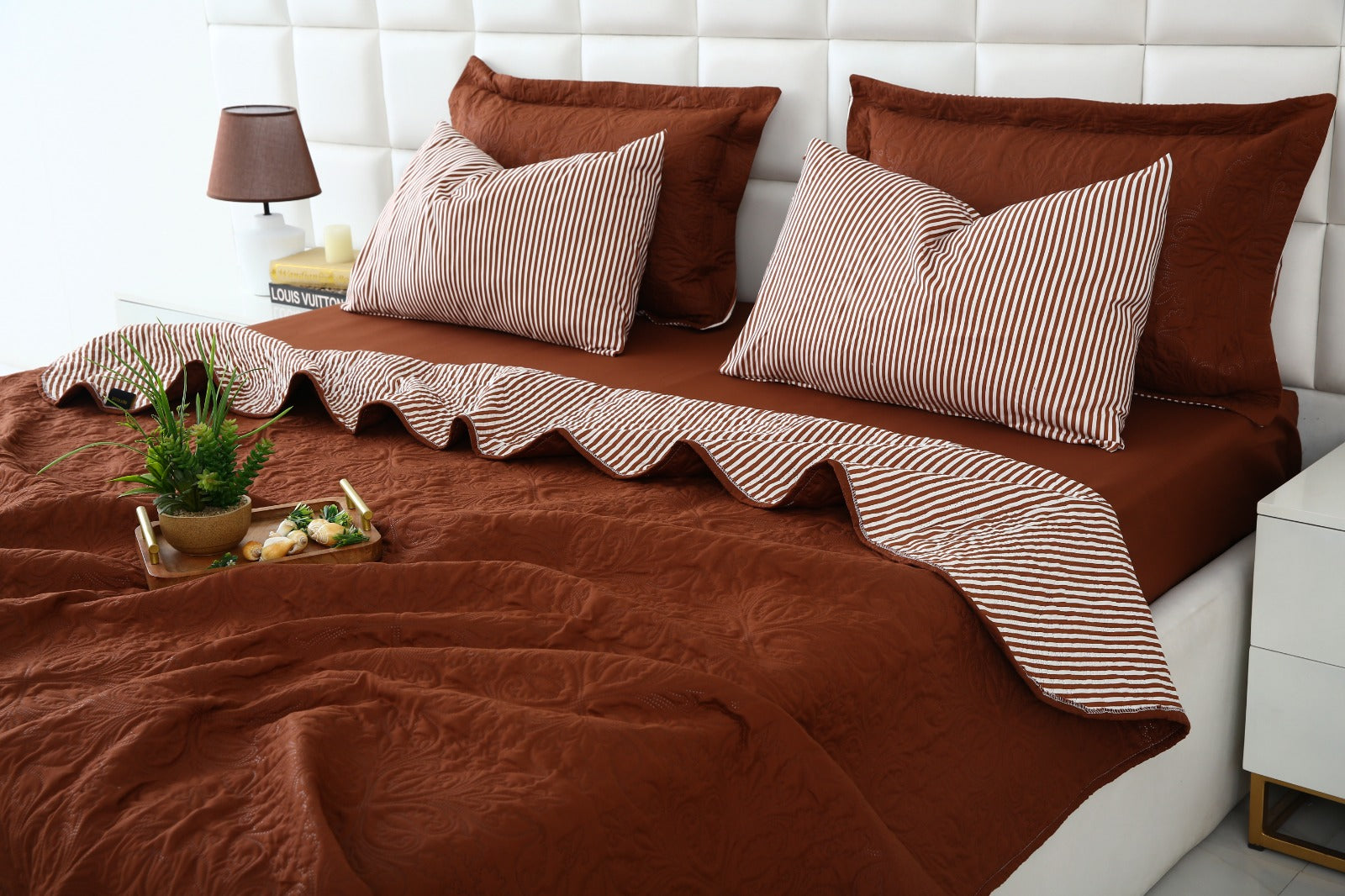 6 PCs Dyed Bed Spread Set-Brown(With Reverse Brown stripes) Bed Spread Apricot