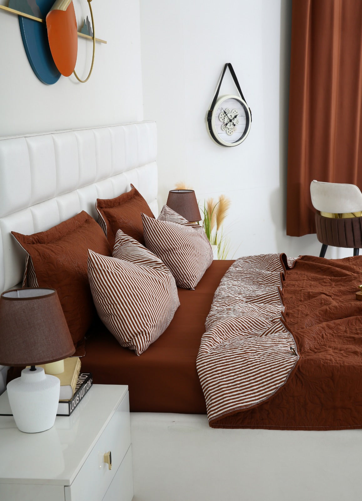 6 PCs Dyed Bed Spread Set-Brown(With Reverse Brown stripes) Bed Spread Apricot