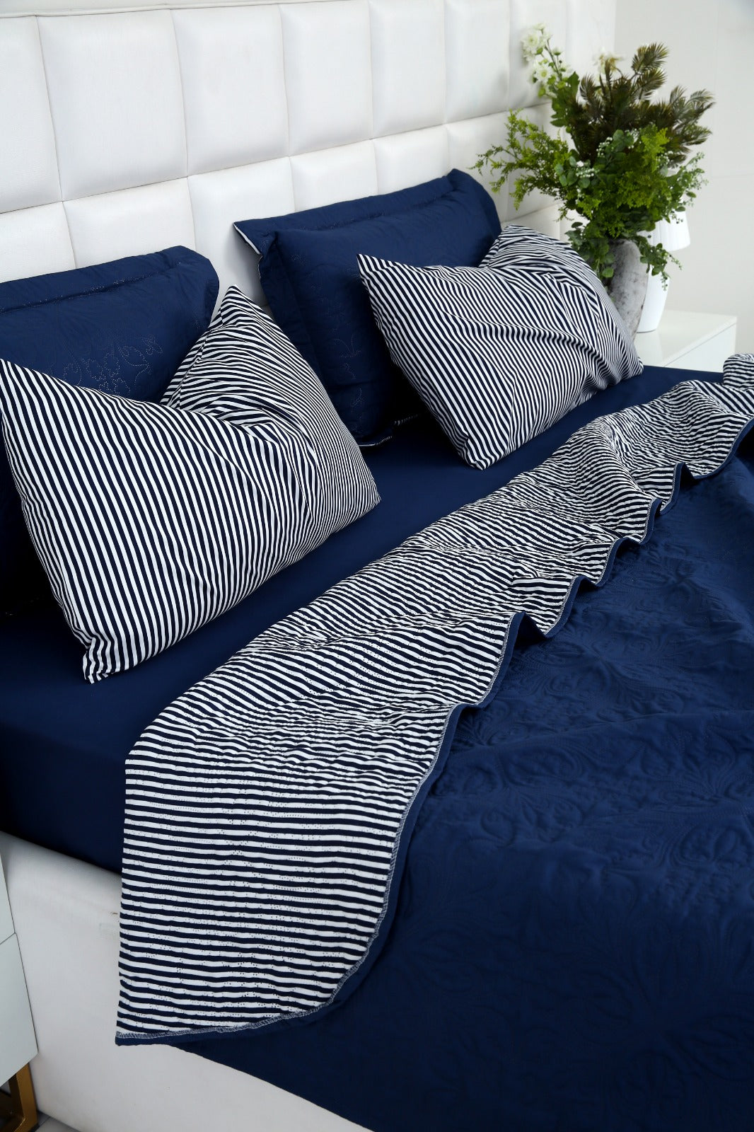 6 PCs Dyed Bed Spread Set-Navy Blue Bed Spread Apricot