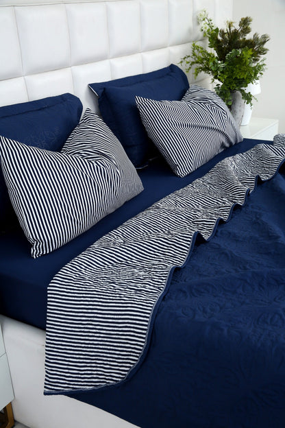6 PCs Dyed Bed Spread Set-Navy Blue Bed Spread Apricot