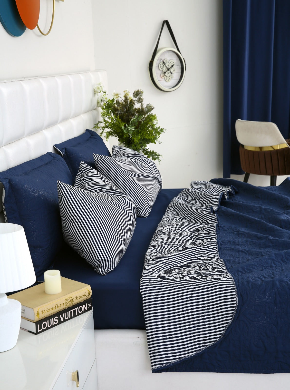 6 PCs Dyed Bed Spread Set-Navy Blue Bed Spread Apricot