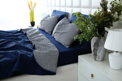 6 PCs Dyed Bed Spread Set-Navy Blue Bed Spread Apricot