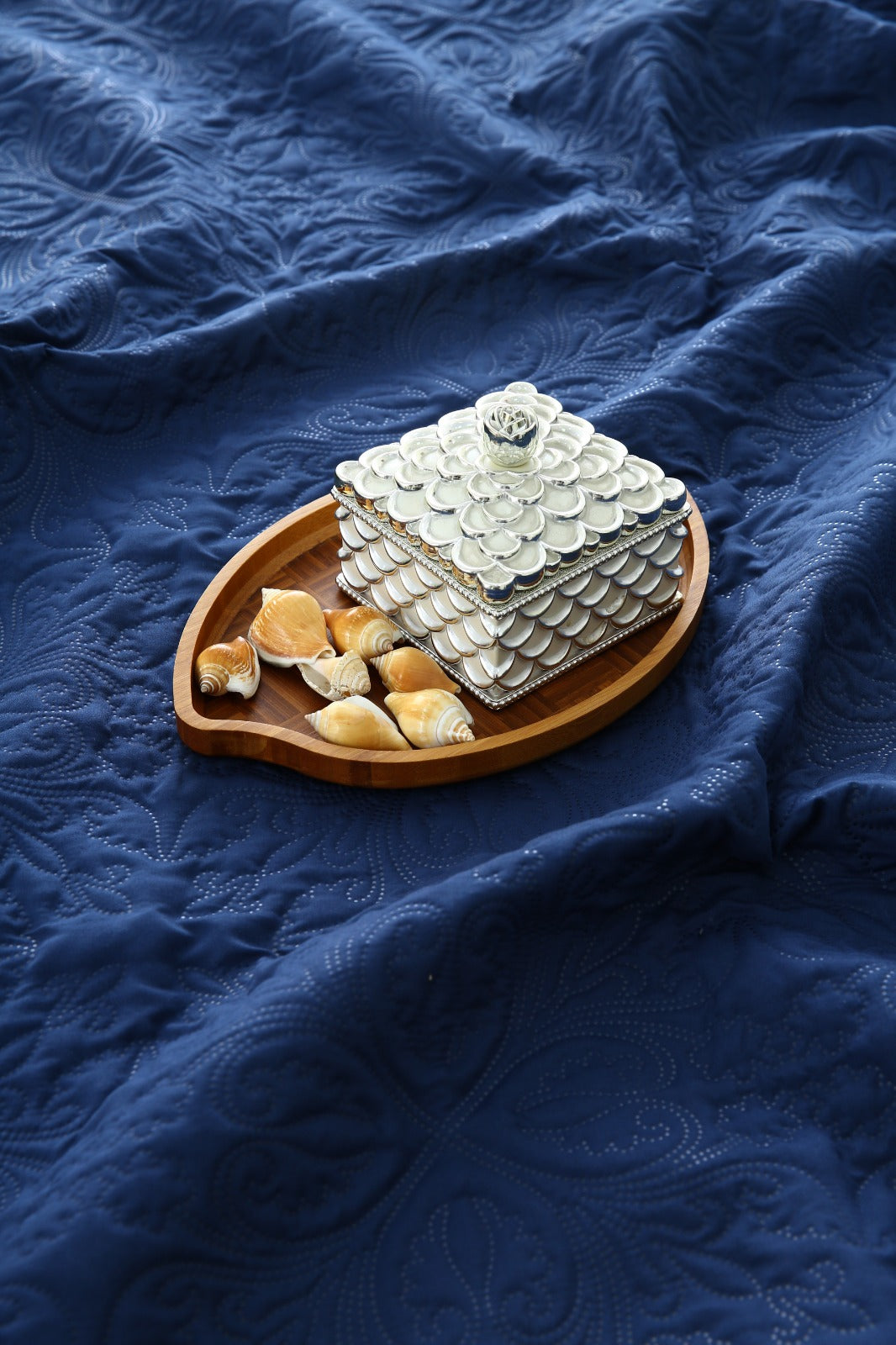 6 PCs Dyed Bed Spread Set-Navy Blue Bed Spread Apricot