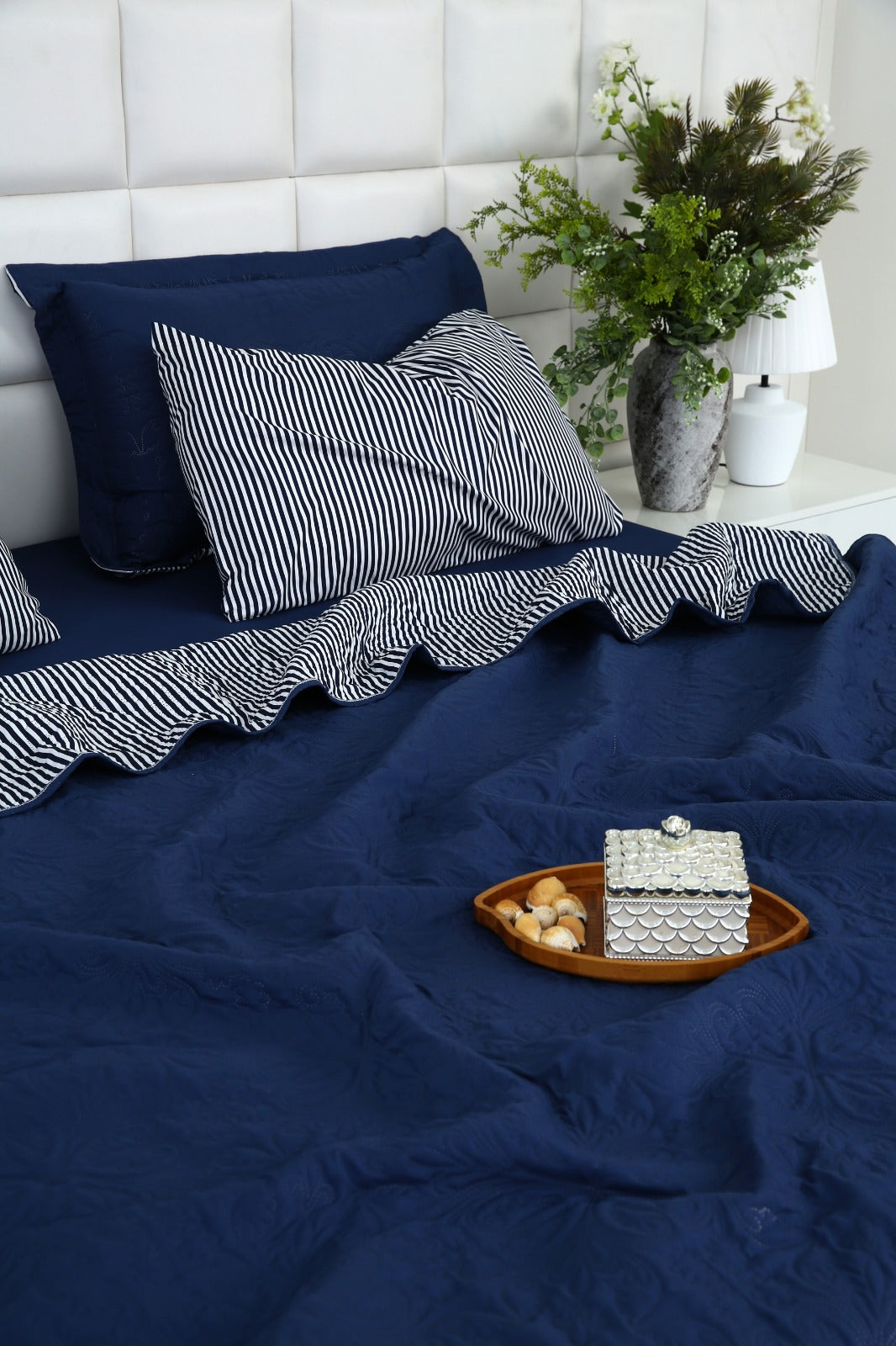 6 PCs Dyed Bed Spread Set-Navy Blue Bed Spread Apricot
