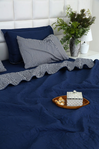 6 PCs Dyed Bed Spread Set-Navy Blue Bed Spread Apricot