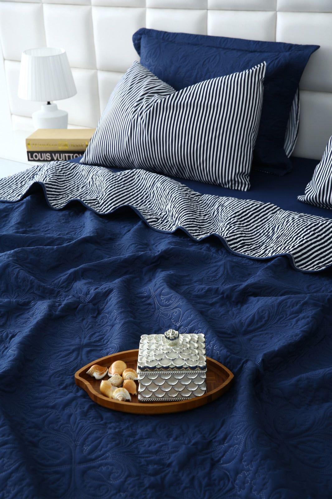 6 PCs Dyed Bed Spread Set-Navy Blue Bed Spread Apricot