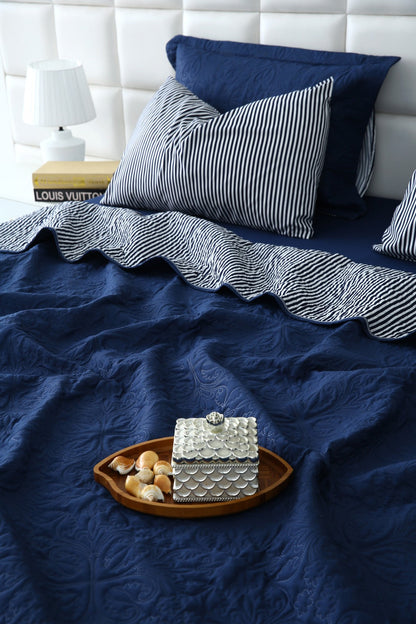 6 PCs Dyed Bed Spread Set-Navy Blue Bed Spread Apricot