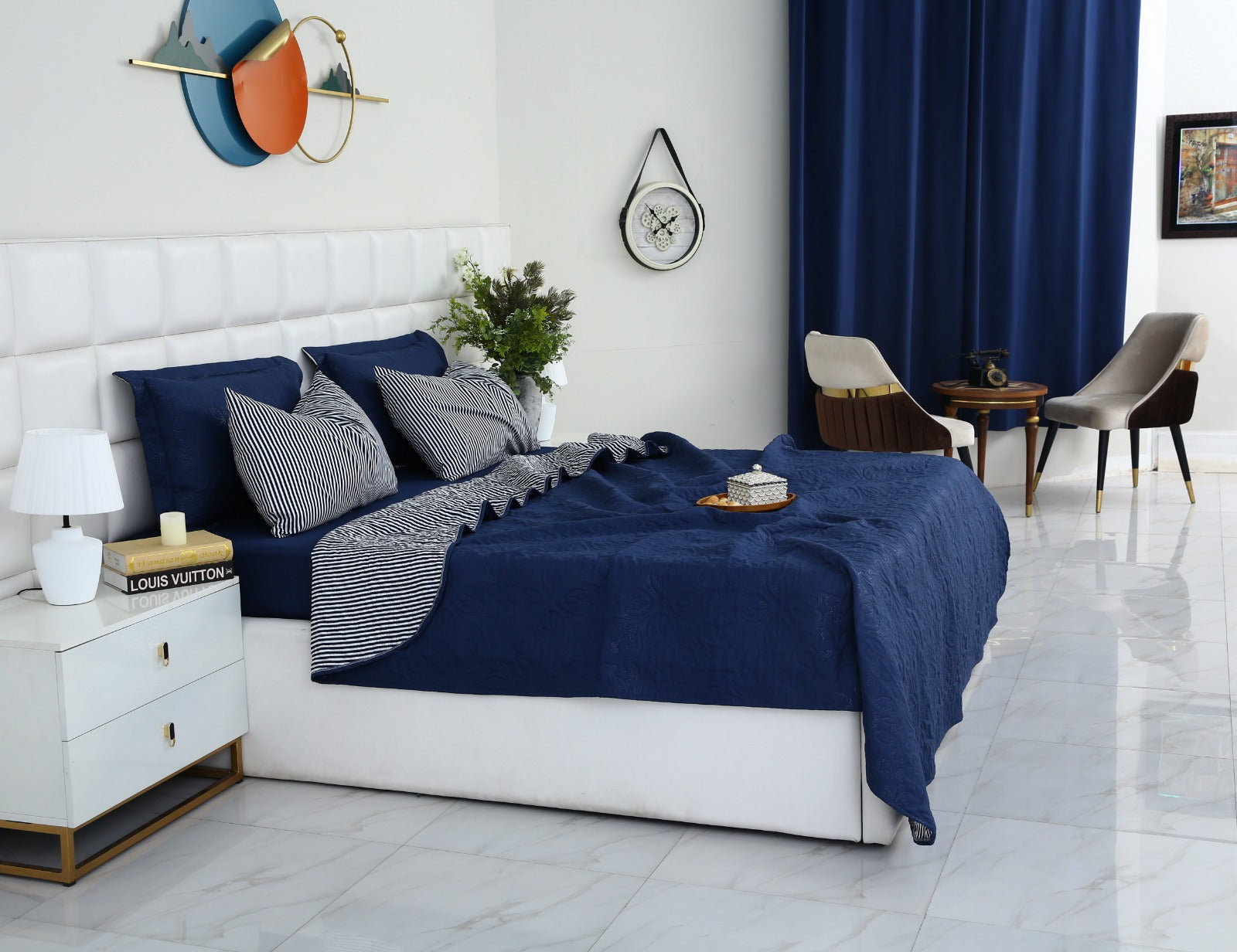 6 PCs Dyed Bed Spread Set-Navy Blue Bed Spread Apricot