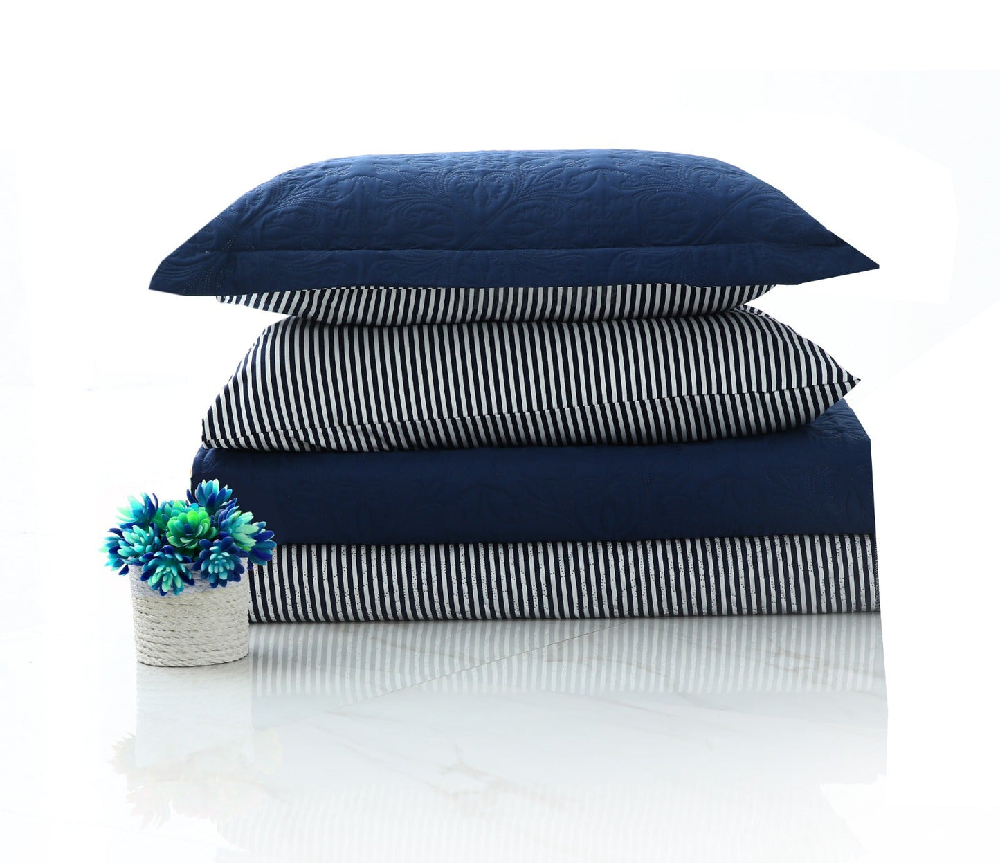 6 PCs Dyed Bed Spread Set-Navy Blue Bed Spread Apricot