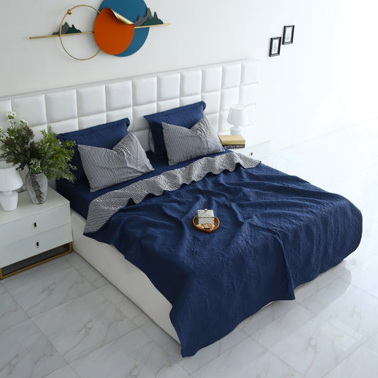 6 PCs Dyed Bed Spread Set-Navy Blue Bed Spread Apricot