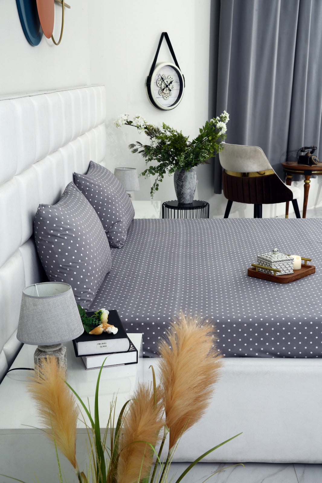 Fitted Bed Sheet-Grey Polka Fitted Sheets Apricot