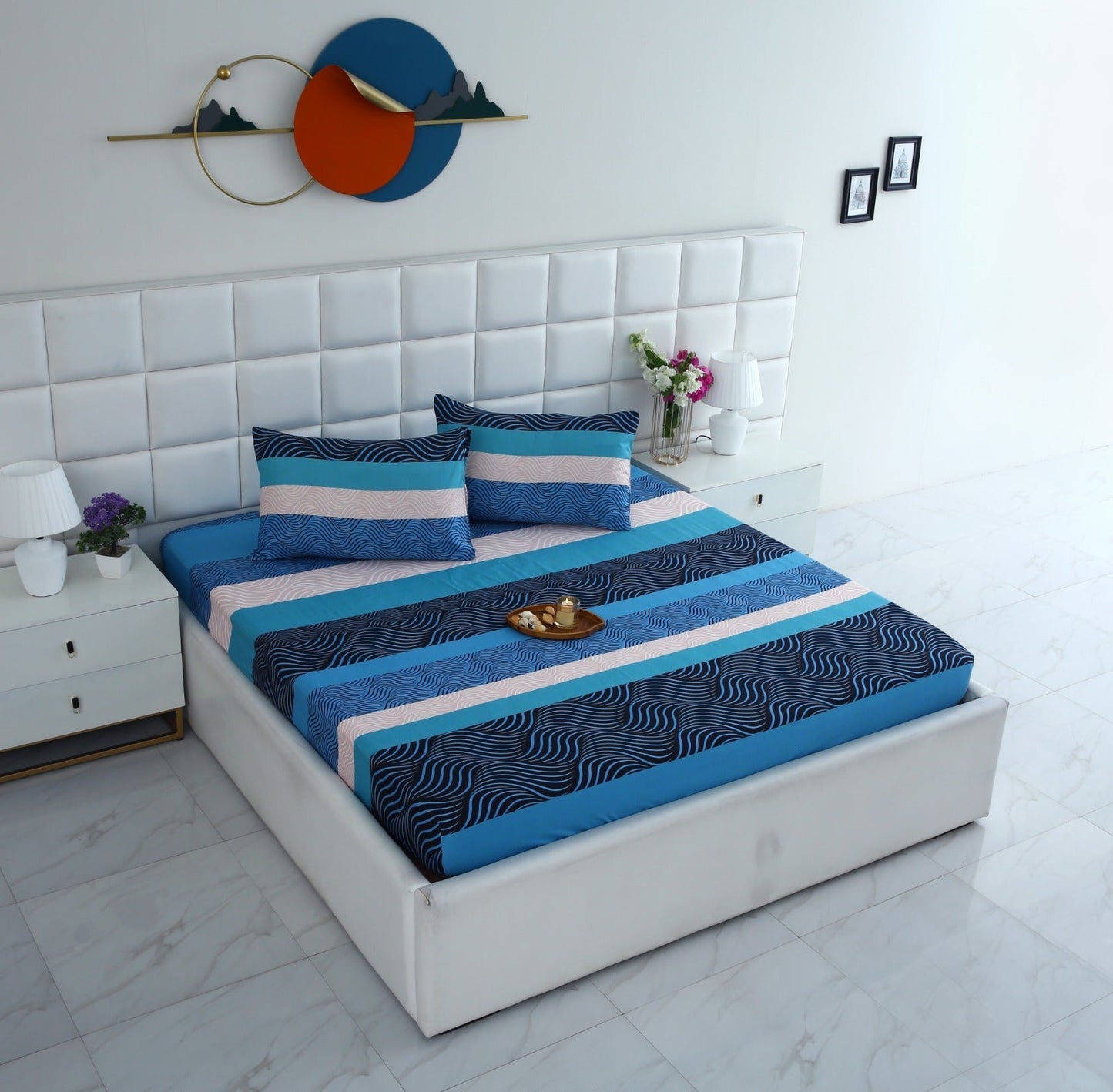 Fitted Bed Sheet-Blue Waves Fitted Sheets Apricot