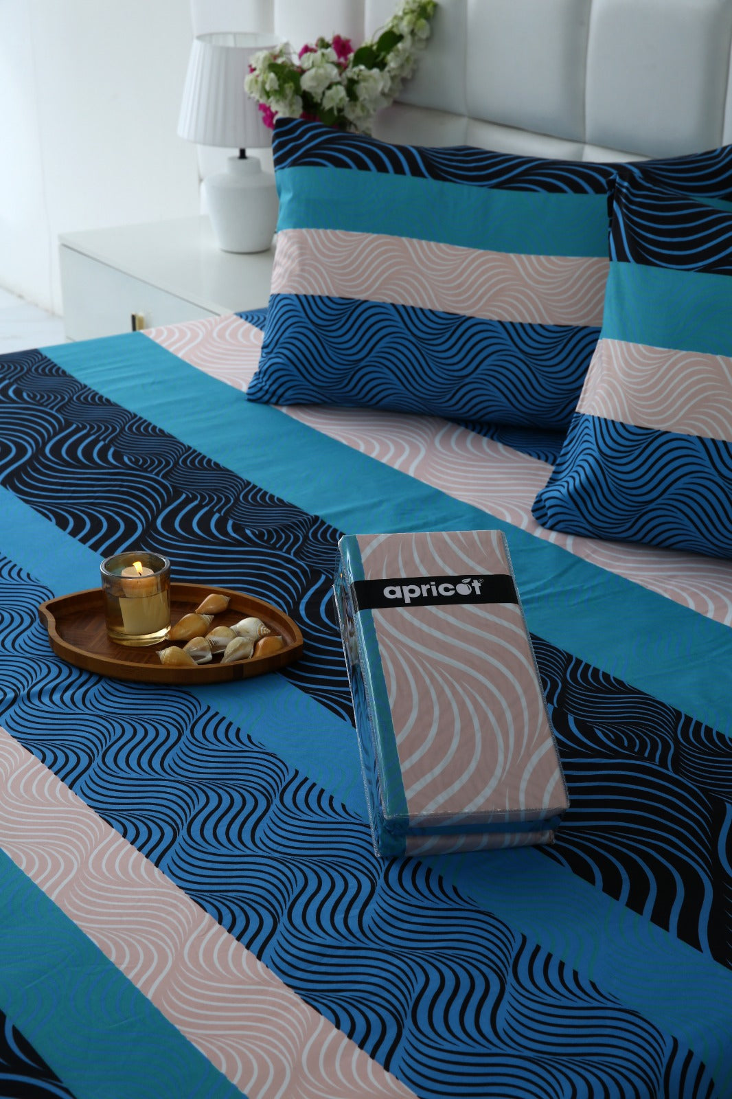 Fitted Bed Sheet-Blue Waves Fitted Sheets Apricot