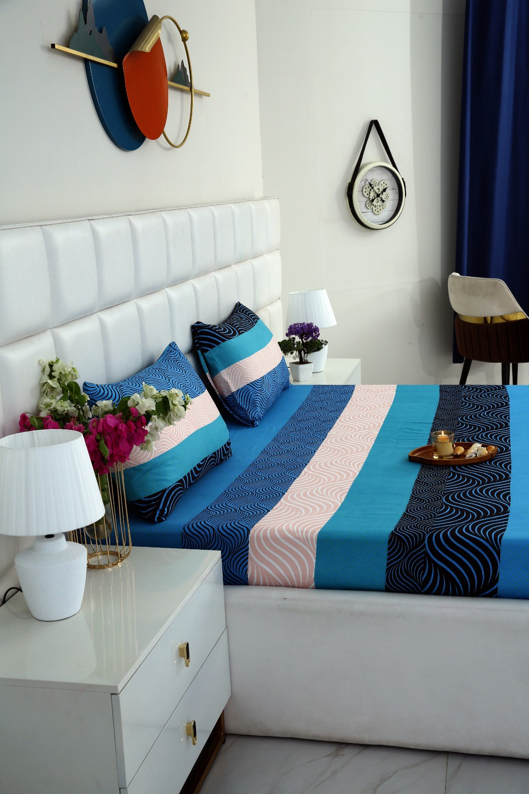 Fitted Bed Sheet-Blue Waves Fitted Sheets Apricot