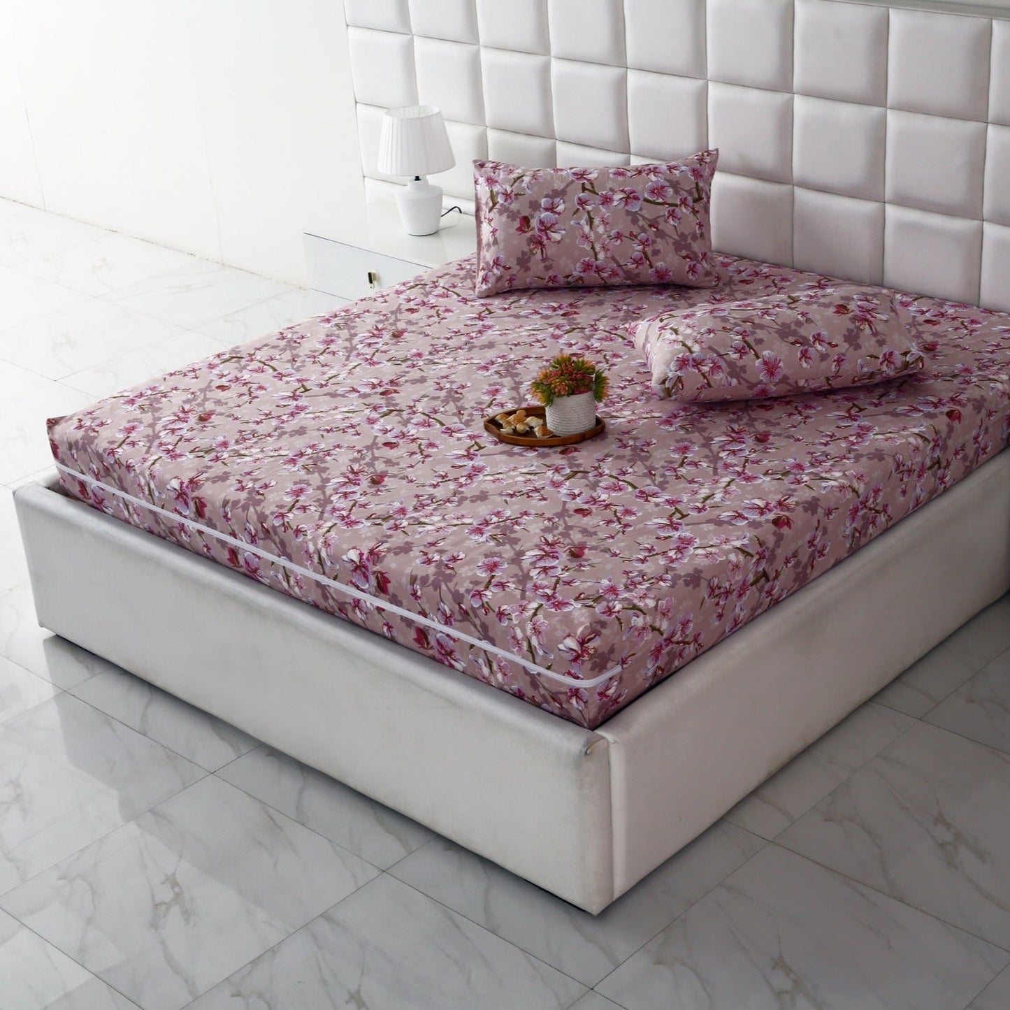 Zipper Mattress Cover Printed-Bloom Bliss Protectors Apricot