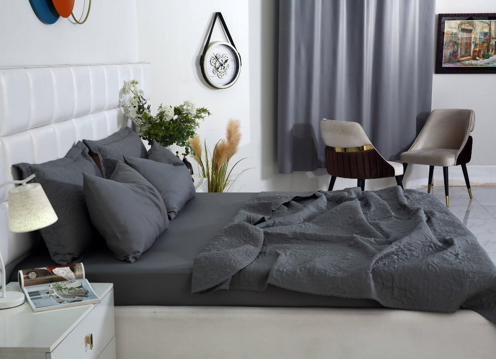 6 PCs Luxury Bed Spread Set-Grey Bed Spread Apricot