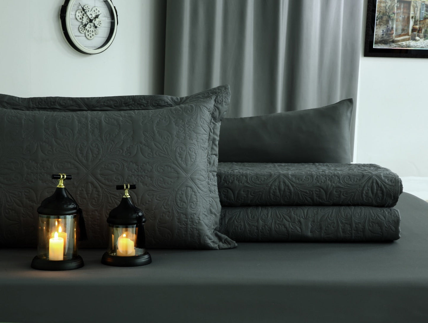 6 PCs Luxury Bed Spread Set-Grey Bed Spread Apricot