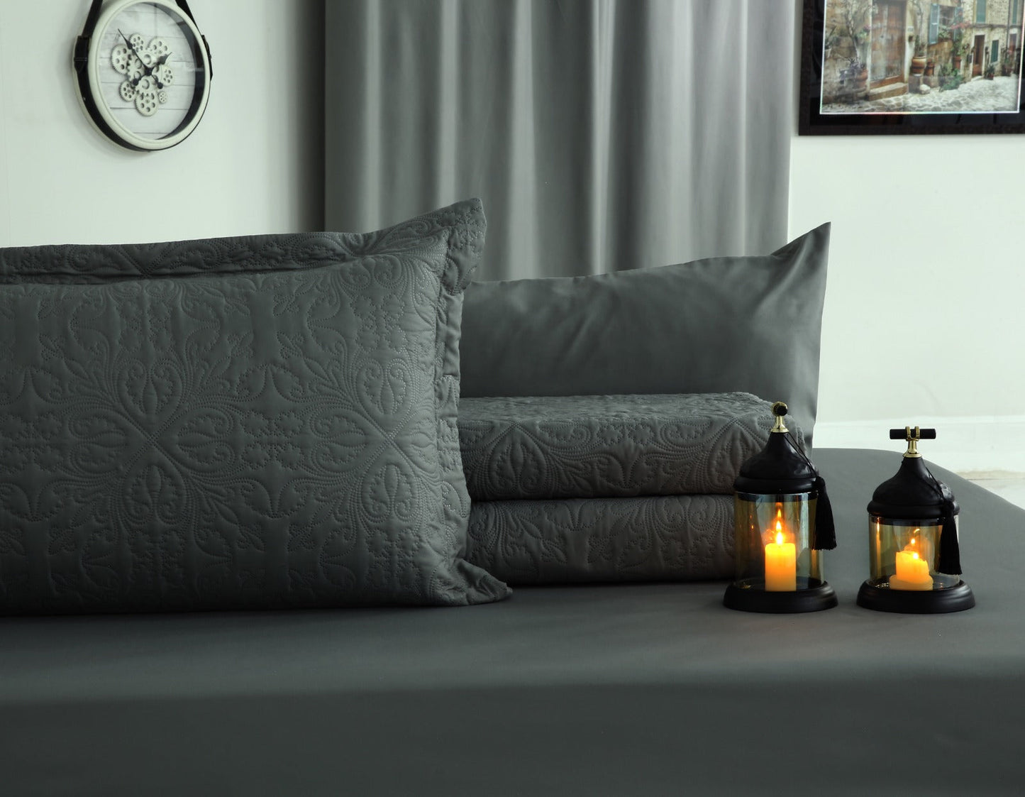 6 PCs Luxury Bed Spread Set-Grey Bed Spread Apricot