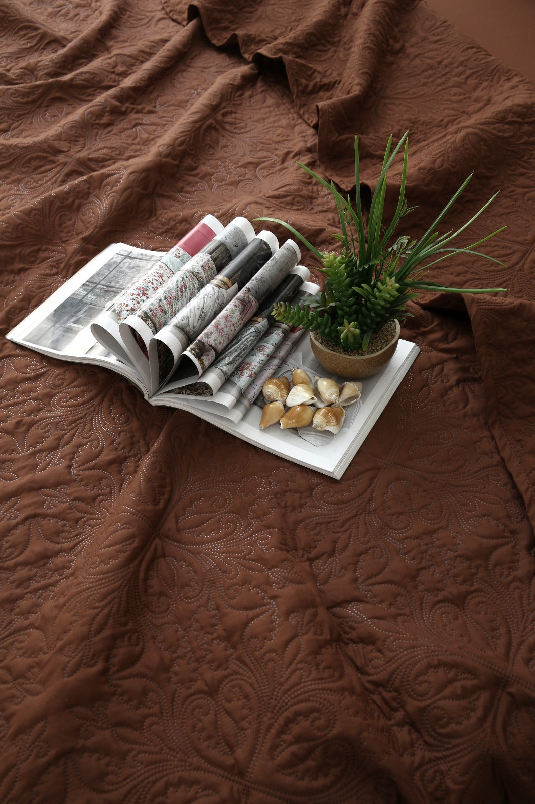 6 PCs Luxury Bed Spread Set-Brown Bed Spread Apricot
