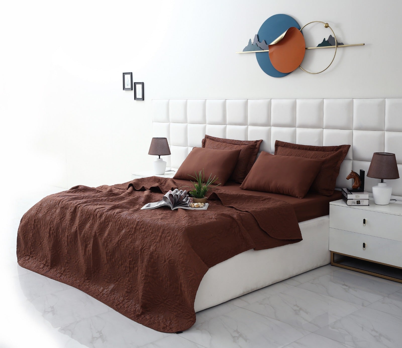 6 PCs Luxury Bed Spread Set-Brown Bed Spread Apricot