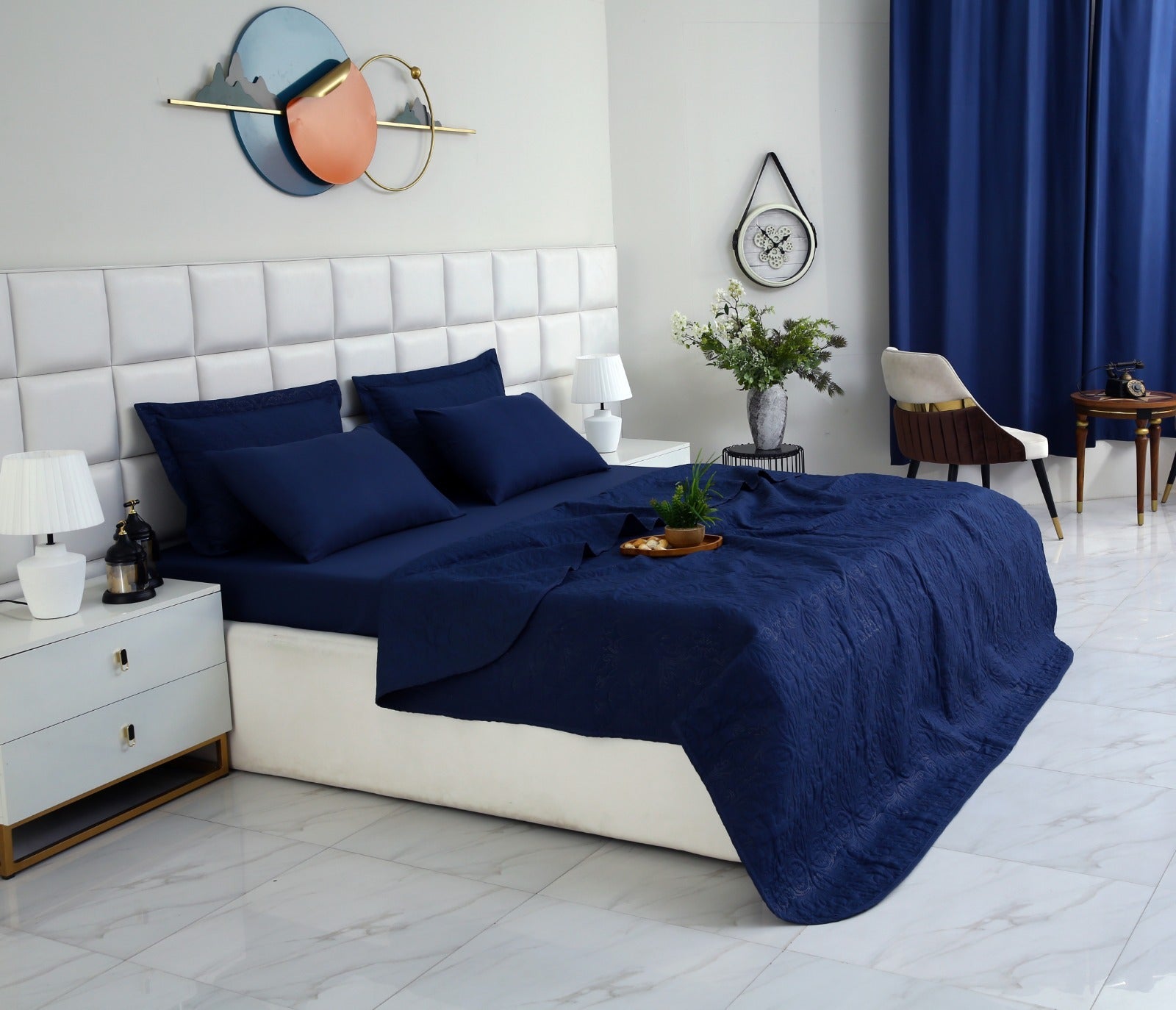 6 PCs Luxury Bed Spread Set-Navy Blue Bed Spread Apricot