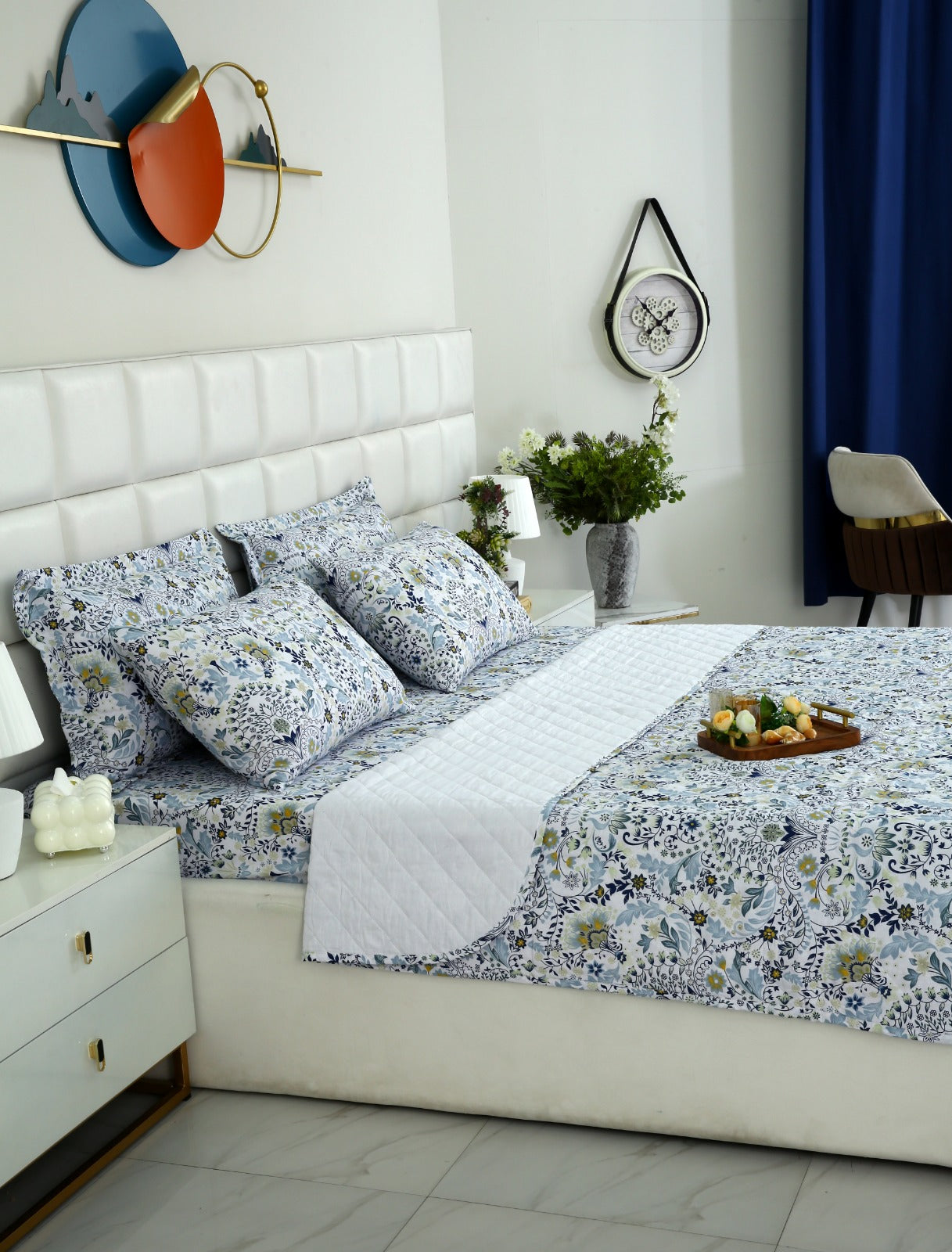 6 PCs Luxury Bed Spread Set-Blue Daisy Bed Spread Apricot