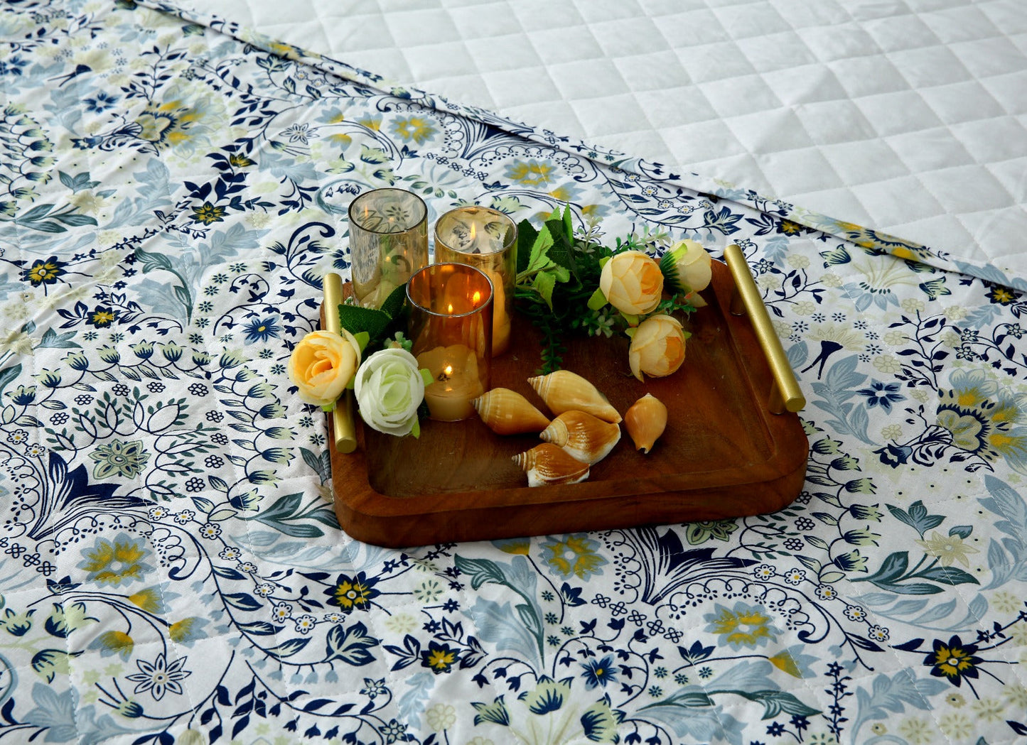 6 PCs Luxury Bed Spread Set-Blue Daisy Bed Spread Apricot