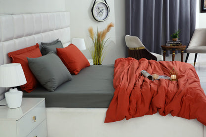 6 PCs Luxury Satin Dyed Duvet Cover Set-Grey Over Rust Duvet Cover Apricot