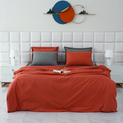6 PCs Luxury Satin Dyed Duvet Cover Set-Grey Over Rust Duvet Cover Apricot