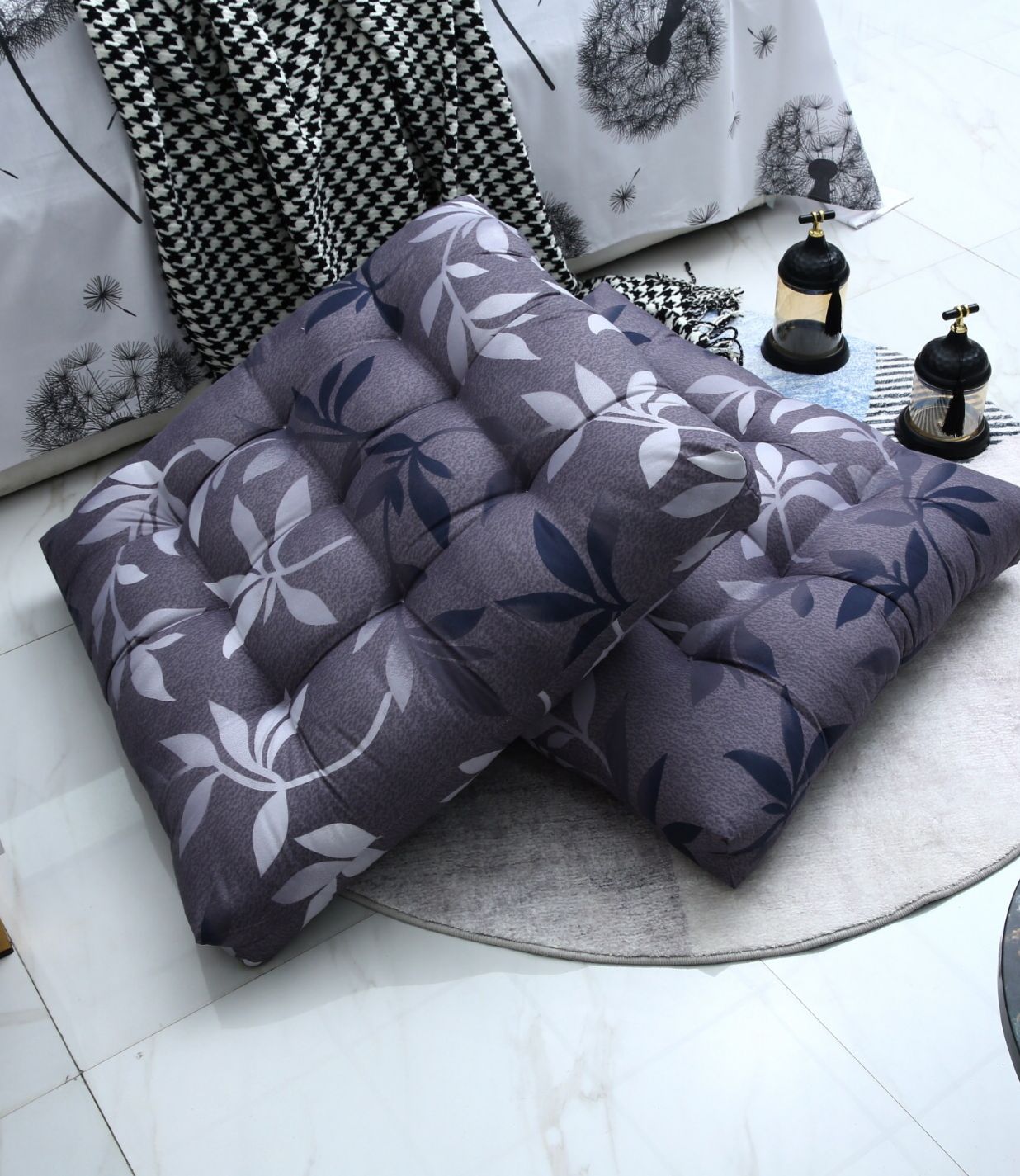 Digital Printed Square Floor Cushions-Grey Leaf cushions Apricot