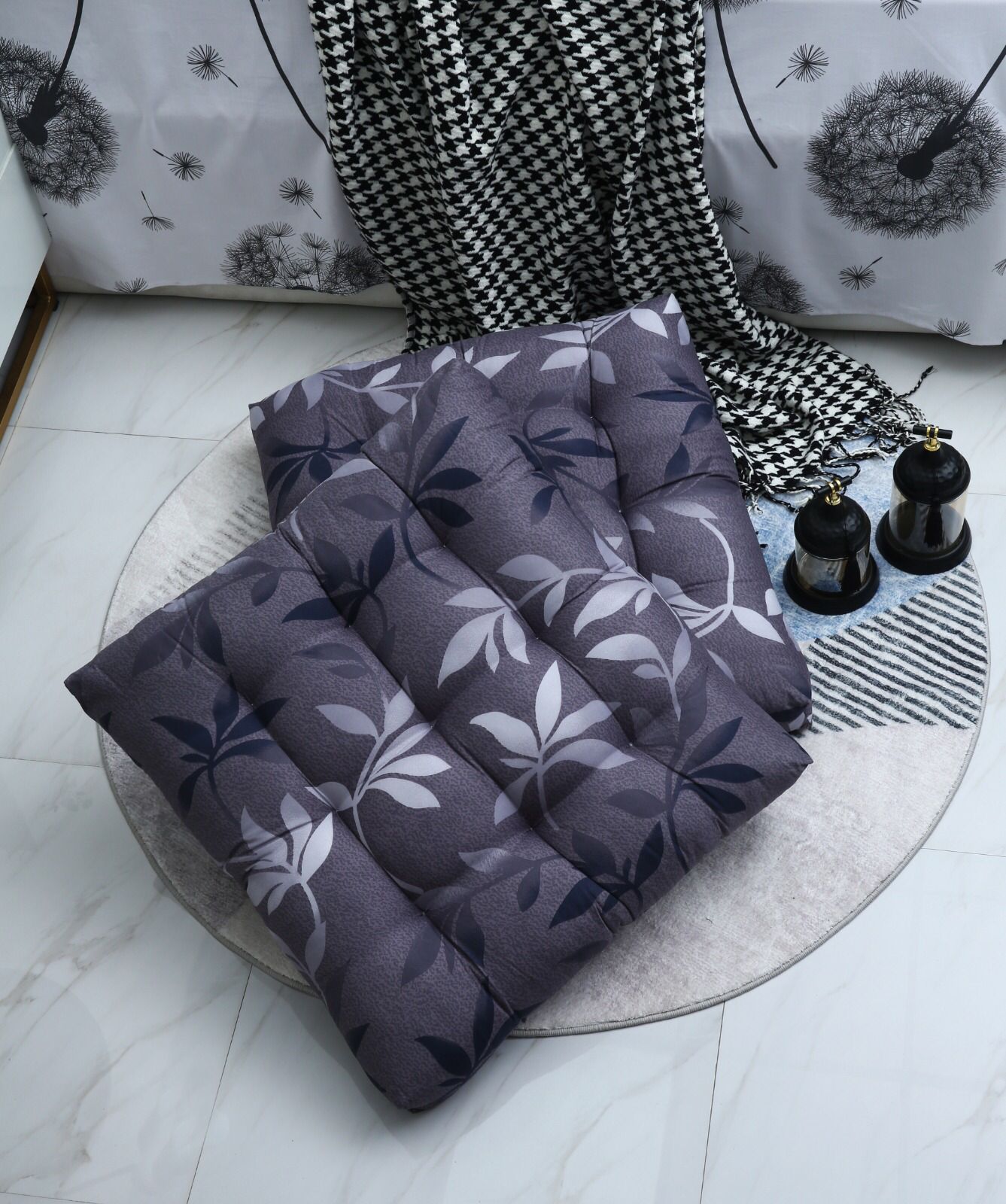 Digital Printed Square Floor Cushions-Grey Leaf cushions Apricot